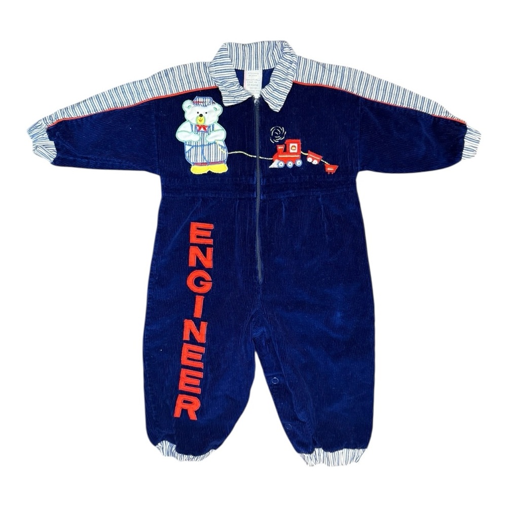 Vintage Blue Engineer Baby Jumpsuit with Bear Design